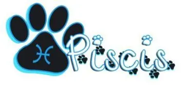 Perro Piscis, representado con huella de perro y símbolo astrológico Logotipo de Piscis con huella de perro y símbolo zodiacal en color